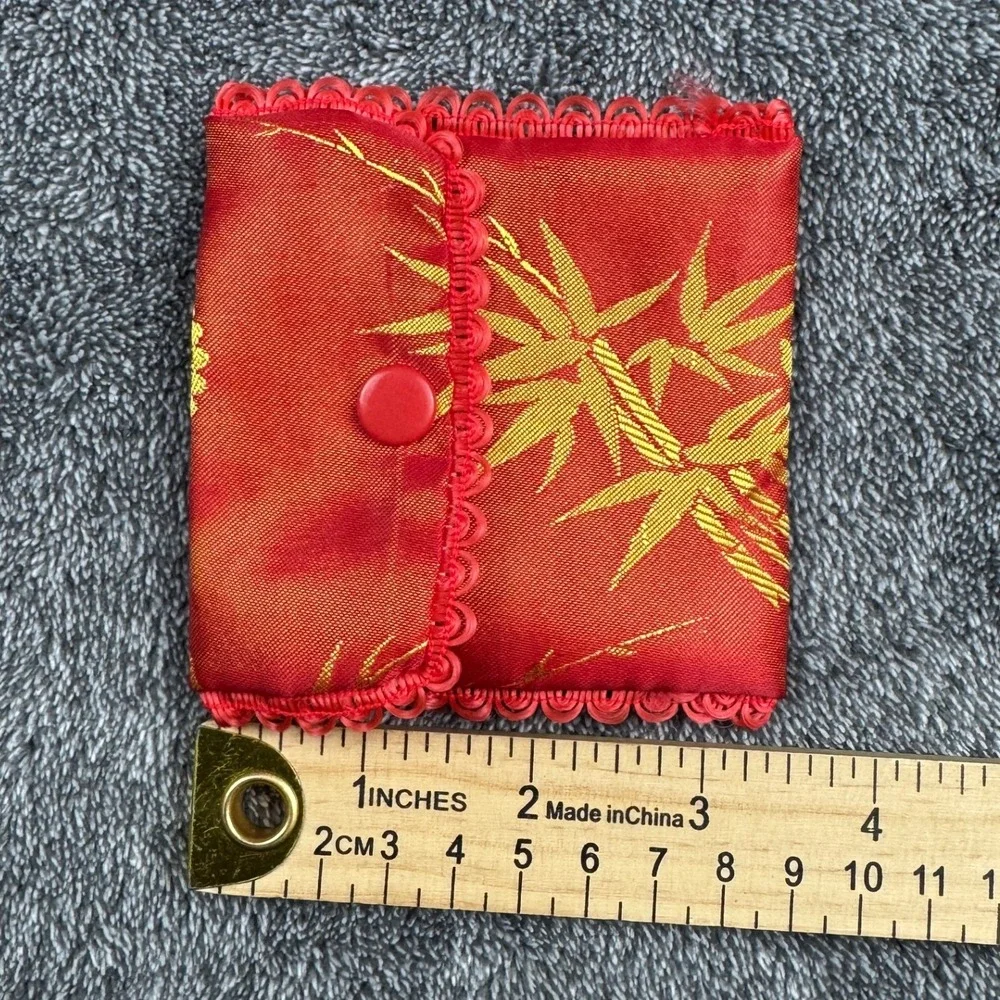 Vintage Red Gold Chinese Brocade Jewelry Pouch‎ Bamboo Snap Coin Purse Small Bag